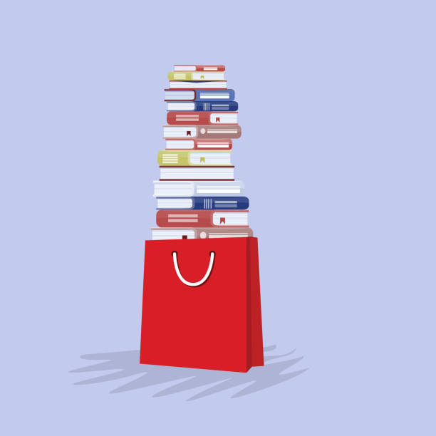 쇼핑 백에 책의 스택. 책 쇼핑 개념. 벡터 그림입니다. - bookstore book stack backgrounds stock illustrations