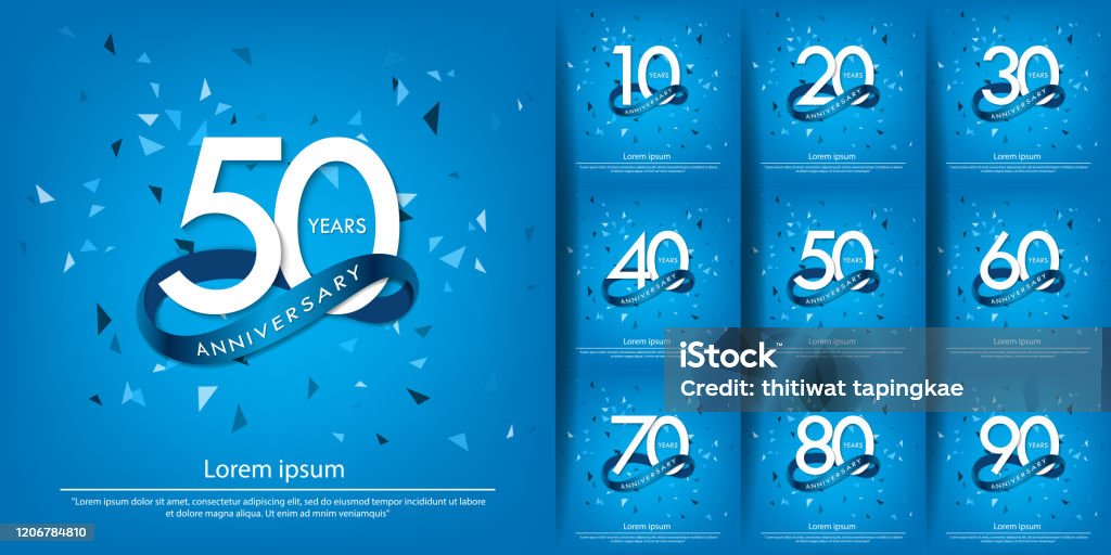 Satz von 10-90 Jahre Jubiläumsfeier weißes Logo mit blauem Kreisband. Vektor-Illustration-Vorlage-Design für Web, Poster, Flyer, Grußkarte und Einladungskarte - Lizenzfrei Jahrestag Vektorgrafik