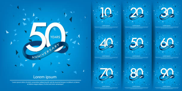 набор 10-90 лет празднования белого логотипа с синей лентой круга. вектор иллюстрации шаблон дизайн для веб, плакат, листовки, поздравительны� - anniversary stock illustrations