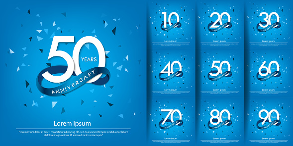 set of 10-90 years anniversary celebration white logo with blue circle ribbon. vector illustration template design for web, poster, flyers, greeting card and invitation card