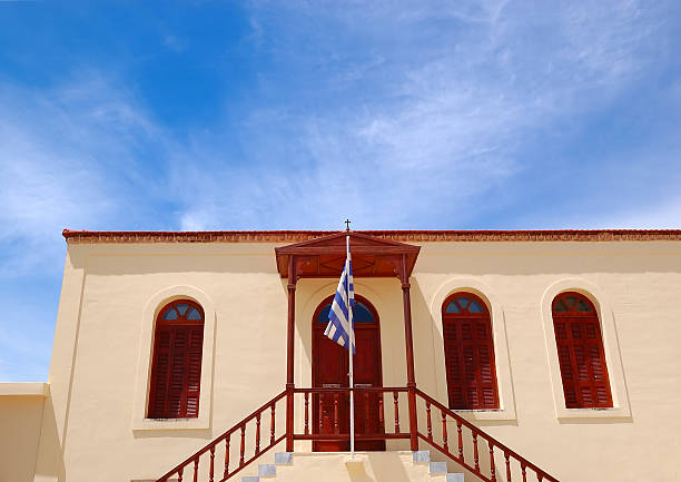 istock Old Greek religious building and flag, Crete, Greece 120678609