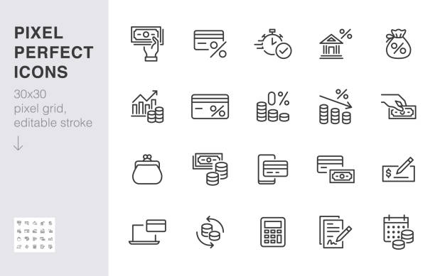 geldkredit-linie-symbol gesetzt. credit-score, niedrige zinsen, rabattkarte, hypothekenprozent, steuer minimal vektor-illustration. einfache gliederungszeichen für bankapplikationen. 30x30 pixel perfekte editierbare striche - niedrig stock-grafiken, -clipart, -cartoons und -symbole