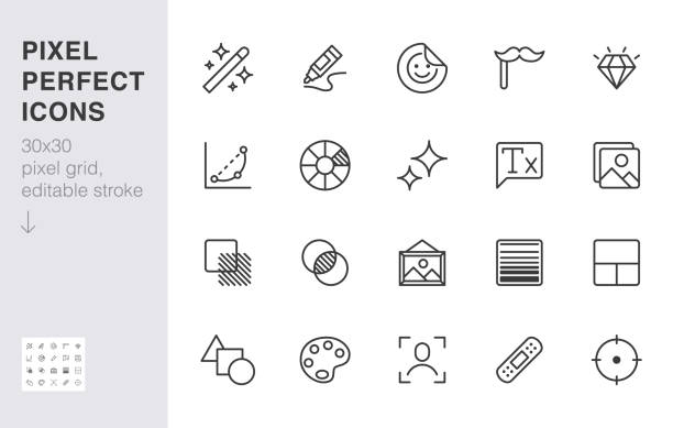 Photo edit line icon set. Image filter, add sticker, adjust curves, glow, heal minimal vector illustration. Simple outline signs for photography application ui. 30x30 Pixel Perfect. Editable Strokes Photo edit line icon set. Image filter, add sticker, adjust curves, glow, heal minimal vector illustration. Simple outline signs for photography application ui. 30x30 Pixel Perfect. Editable Strokes. drawing art product photos stock illustrations