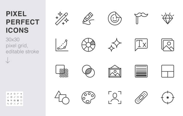 Photo edit line icon set. Image filter, add sticker, adjust curves, glow, heal minimal vector illustration. Simple outline signs for photography application ui. 30x30 Pixel Perfect. Editable Strokes Photo edit line icon set. Image filter, add sticker, adjust curves, glow, heal minimal vector illustration. Simple outline signs for photography application ui. 30x30 Pixel Perfect. Editable Strokes. image technique stock illustrations