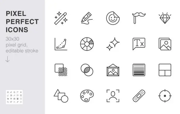 Vector illustration of Photo edit line icon set. Image filter, add sticker, adjust curves, glow, heal minimal vector illustration. Simple outline signs for photography application ui. 30x30 Pixel Perfect. Editable Strokes