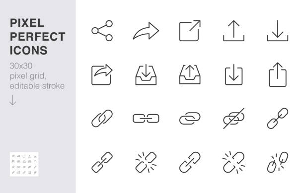Share button line icon set. Link, broken hyperlink, download, publish, attach chain minimal vector illustrations. Simple outline signs for web application url. 30x30 Pixel Perfect. Editable Strokes Share button line icon set. Link, broken hyperlink, download, publish, attach chain minimal vector illustrations. Simple outline signs for web application url. 30x30 Pixel Perfect. Editable Strokes. attached stock illustrations
