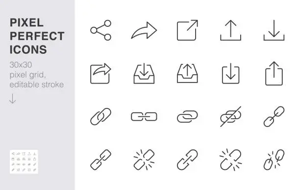 Vector illustration of Share button line icon set. Link, broken hyperlink, download, publish, attach chain minimal vector illustrations. Simple outline signs for web application url. 30x30 Pixel Perfect. Editable Strokes