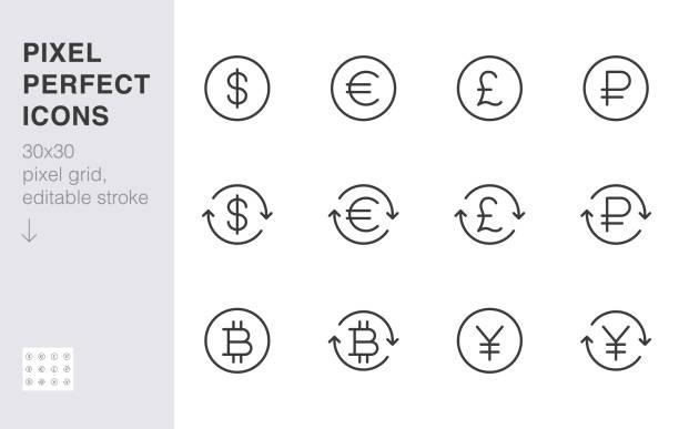 набор значков линии обмена валюты. доллар, евро, фунт, российский рубль, иена, биткоин минимальная векторная иллюстрация. простой знак деньг - символ иены stock illustrations