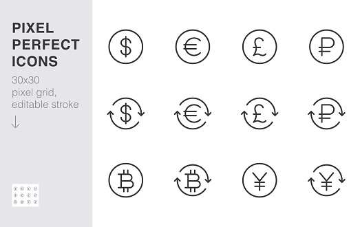 Currency exchange line icon set. Dollar, euro, pound, russian ruble, yen, bitcoin minimal vector illustration. Simple outline money signs for financial application. 30x30 Pixel Perfect Editable Stroke