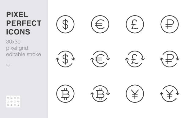 Currency exchange line icon set. Dollar, euro, pound, russian ruble, yen, bitcoin minimal vector illustration. Simple outline money sign for financial application. 30x30 Pixel Perfect Editable Stroke Currency exchange line icon set. Dollar, euro, pound, russian ruble, yen, bitcoin minimal vector illustration. Simple outline money signs for financial application. 30x30 Pixel Perfect Editable Stroke e stock illustrations