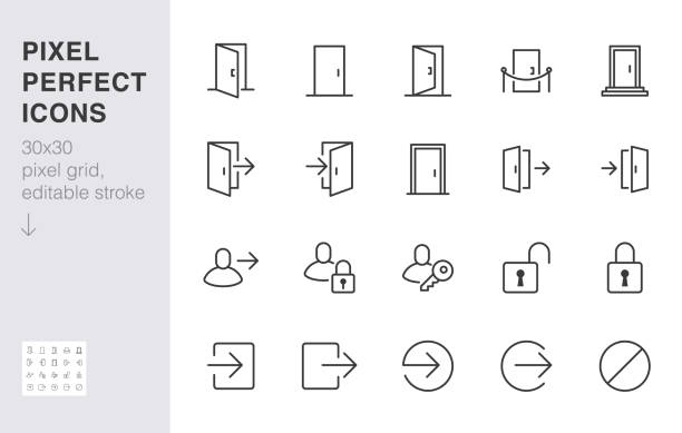 illustrations, cliparts, dessins animés et icônes de ensemble d’icône de ligne de porte ouverte. connectez-vous, déconnectez-vous, inscrivez-vous, mot de passe, entrée vip, clé, verrouillage, illustrations vectorielles minimales. signes de contour simple pour l’application web. 30x30 pixel parfait. c - close up