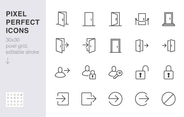 Open door line icon set. Login, logout, register, password, vip entrance, key, lock, exit minimal vector illustrations. Simple outline signs for web application. 30x30 Pixel Perfect. Editable Strokes Open door line icon set. Login, logout, register, password, vip entrance, key, lock, exit minimal vector illustrations. Simple outline signs for web application. 30x30 Pixel Perfect. Editable Strokes. door stock illustrations
