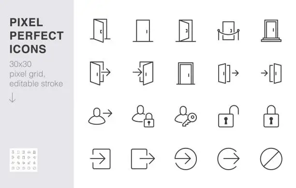 Vector illustration of Open door line icon set. Login, logout, register, password, vip entrance, key, lock, exit minimal vector illustrations. Simple outline signs for web application. 30x30 Pixel Perfect. Editable Strokes