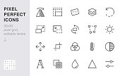 Photo edit line icon set. Flip, crop image, color filter, adjust effects, contrast minimal vector illustration. Simple outline signs for photography application. 30x30 Pixel Perfect. Editable Strokes
