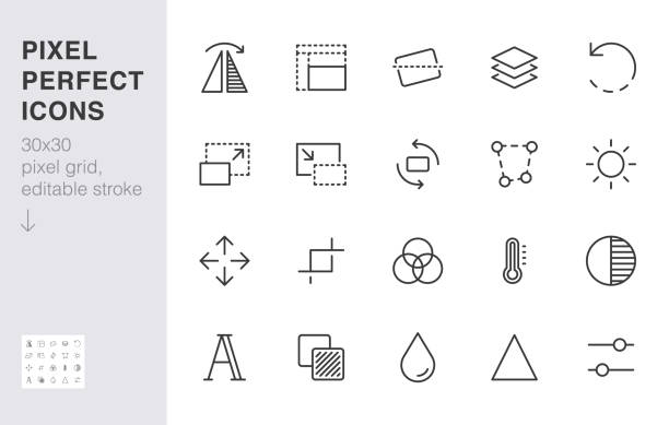 Photo edit line icon set. Flip, crop image, color filter, adjust effects, contrast minimal vector illustration. Simple outline signs for photography application. 30x30 Pixel Perfect. Editable Strokes Photo edit line icon set. Flip, crop image, color filter, adjust effects, contrast minimal vector illustration. Simple outline signs for photography application. 30x30 Pixel Perfect. Editable Strokes. compare-icon stock illustrations