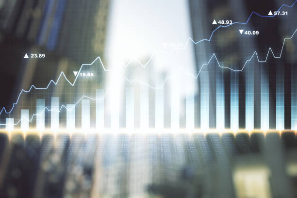 istock Double exposure of abstract financial graph on office buildings background, forex and investment concept 1206786816