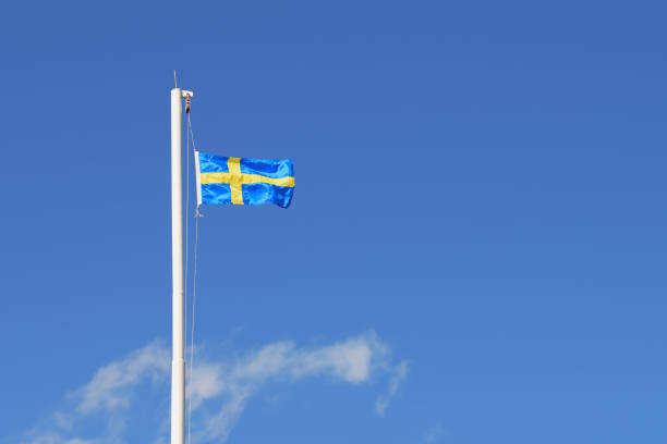 официальный флаг швеции. крест желтых полосок на синем фоне - day sky swedish flag banner стоковые фото и изображения