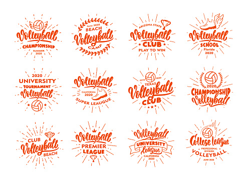 Set of vintage Volleyball emblems and stamps. Sport badges, templates and stickers for Volleyball club, school. Collection of retro s with rays, hand-drawn text and phrases. Vector illustration
