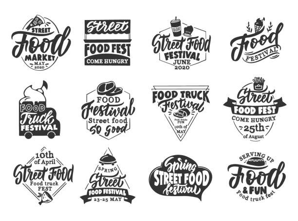 Set of vintage Street food emblems and stamps. Black food festival badges, stickers on white background isolated Set of vintage Street food emblems and stamps. Black food festival badges, stickers on white background isolated. Collection of retro s with hand-drawn text, phrases. Vector illustration street food stock illustrations