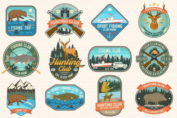 Set of Fishing and Hunting club patches. Vector Concept for shirt, print, patch. Patches with hunting gun, hunter, fish rod, fisher, river, forest. Outdoor fishing and hunting club emblem Set of Fishing and Hunting club patches. Vector Concept for shirt, print, stamp, patch. Patches with hunting gun, hunter, fish rod, fisher, river, forest. Outdoor fishing and hunting club emblem the boar fish stock illustrations