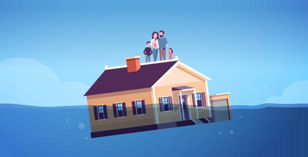 illustrations, cliparts, dessins animés et icônes de maison avec la famille s’enfoncer dans l’eau immobilier logement crise d’affaires des taux hypothécaires concept de faillite parents et enfants flottant avec la maison horizontale pleine longueur - flood