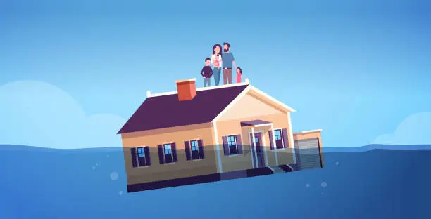 Vector illustration of house with family sinking in water real estate housing crisis business of mortgage rates bankruptcy concept parents and children floating with home horizontal full length
