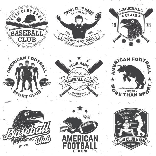 Set of american football and baseball club badge. Vector for shirt, , print, stamp. Design with baseball bats, american football sportsman player, helmet, ball and shoulder pads silhouette Set of american football and baseball club badge. Vector for shirt, , print, stamp. Vintage design with baseball bats, american football sportsman player, helmet, ball and shoulder pads silhouette Touchdown stock illustrations