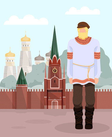 Man with White Beard National Russian Clothes on Background Kremlin. Vector Illustration. Traveling Different Countries. National Clothing. Postcard Representing Country. Details and Landmarks Country