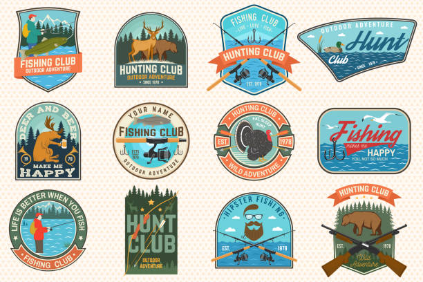 ilustrações de stock, clip art, desenhos animados e ícones de set of fishing and hunting club patches. vector concept for shirt, print, patch. patches with hunting gun, hunter, fish rod, fisher, river, forest. outdoor fishing and hunting club emblem - bird hunter