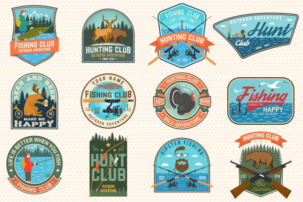 Set of Fishing and Hunting club patches. Vector Concept for shirt, print, patch. Patches with hunting gun, hunter, fish rod, fisher, river, forest. Outdoor fishing and hunting club emblem Set of Fishing and Hunting club patches. Vector Concept for shirt, print, stamp, patch. Patches with hunting gun, hunter, fish rod, fisher, river, forest. Outdoor fishing and hunting club emblem hunting stock illustrations