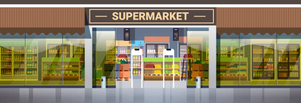 nowoczesny supermarket sklep detaliczny z asortymentem artykułów spożywczych sklep spożywczy zewnątrz poziome - facade street building exterior vector stock illustrations