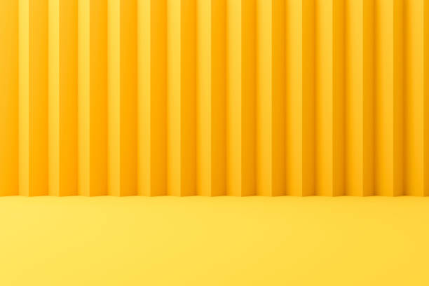 Abstract contemporary backdrops or yellow display on vivid summer background with stripe pattern wall. 3D rendering.