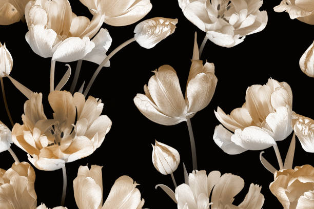 istock Beautiful spring flowers tulips. Vintage floral seamless pattern. Black and white. 1206790561