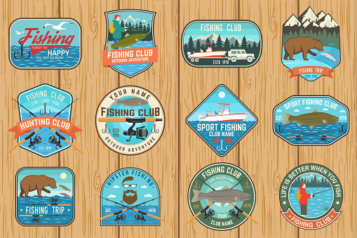 Set of fishing patch. Vector illustration. Concept for shirt or , print, stamp, tee, patch. Vintage typography design with fish rod, fisher, river, rainbow trout, bear and mountain silhouette.