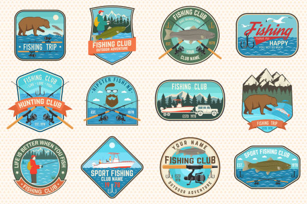 ilustrações de stock, clip art, desenhos animados e ícones de set of fishing patch. vector. concept for shirt or , print, stamp, tee, patch. vintage typography design with fisher, river, rainbow trout, bear and mountain silhouette. - trout fishing silhouette salmon