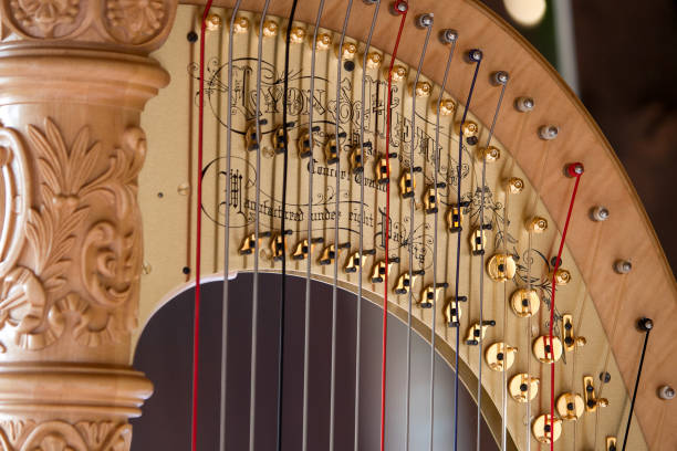 zbliżenie szczegółów pięknych złotych strun harfy - celtic culture audio zdjęcia i obrazy z banku zdjęć