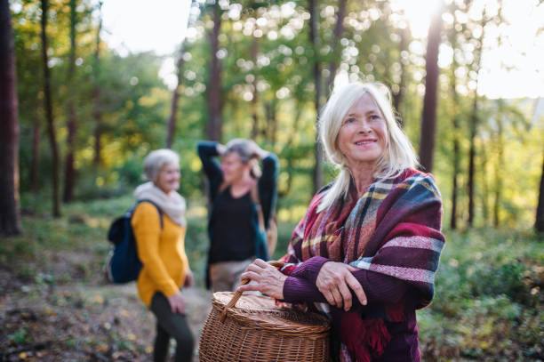 istock Senior women friends walking outdoors in forest. 1206792755