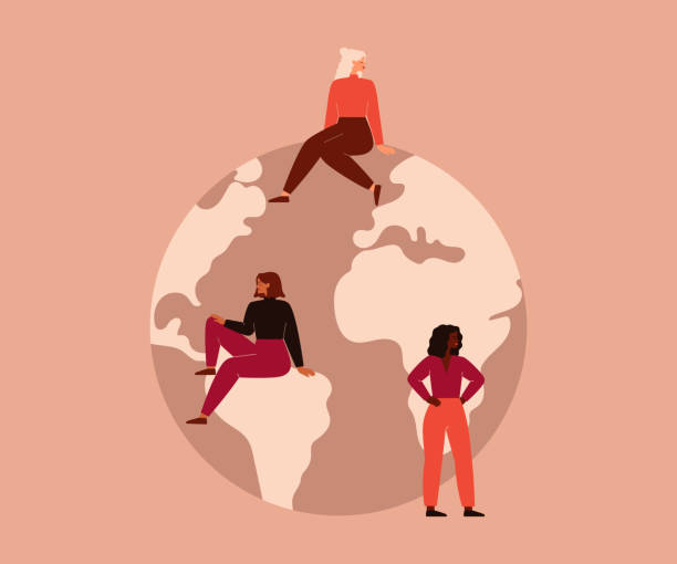 Activist Women of different nationalities and cultures sit on the big globe. Activist Women of different nationalities and cultures sit on the big globe. Vector concept of the female's empowerment movement and Environment conservation. womens rights stock illustrations