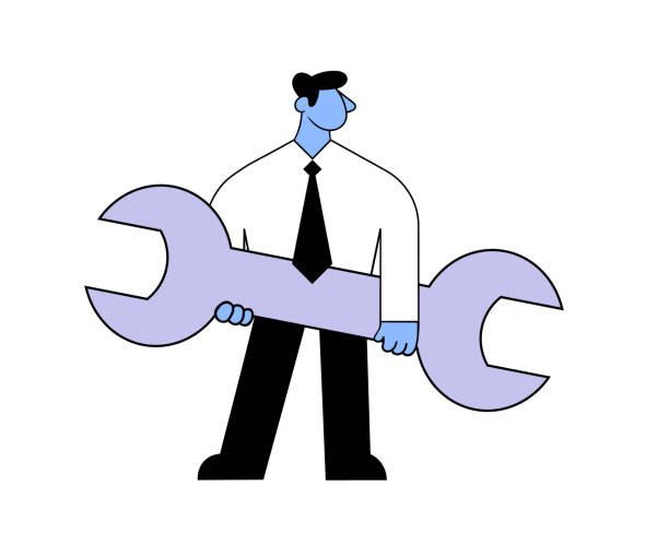 istock Cartoon businessman holding a big wrench. Technical support concept. Flat vector illustration. Isolated on white background. 1206793520