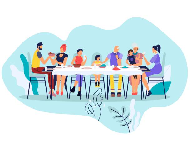 Big Happy Family Sitting at Table with Dishes Big Happy Family Sitting at Table with Different Dishes and Eat. Relatives Meeting, Grandparents, Parents and Children Eating Festive Food, Communicate and Having Fun. Cartoon Flat Vector Illustration family dinner stock illustrations