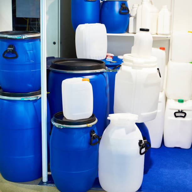 istock Plastic barrels and cans in market 1206794872