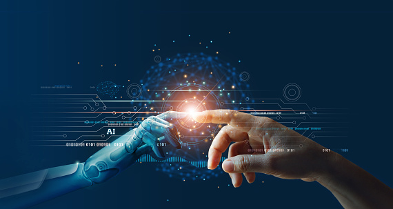 IA, Machine learning, Hands of robot y human touching on big data network connection background, Science and artificial intelligence technology, innovation and futuristic. photo