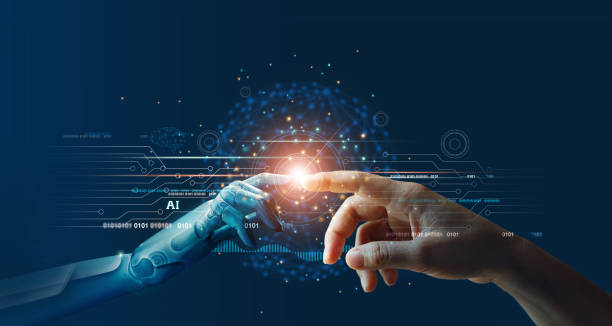 ia, machine learning, hands of robot y human touching on big data network connection background, science and artificial intelligence technology, innovation and futuristic. - física fotografías e imágenes de stock