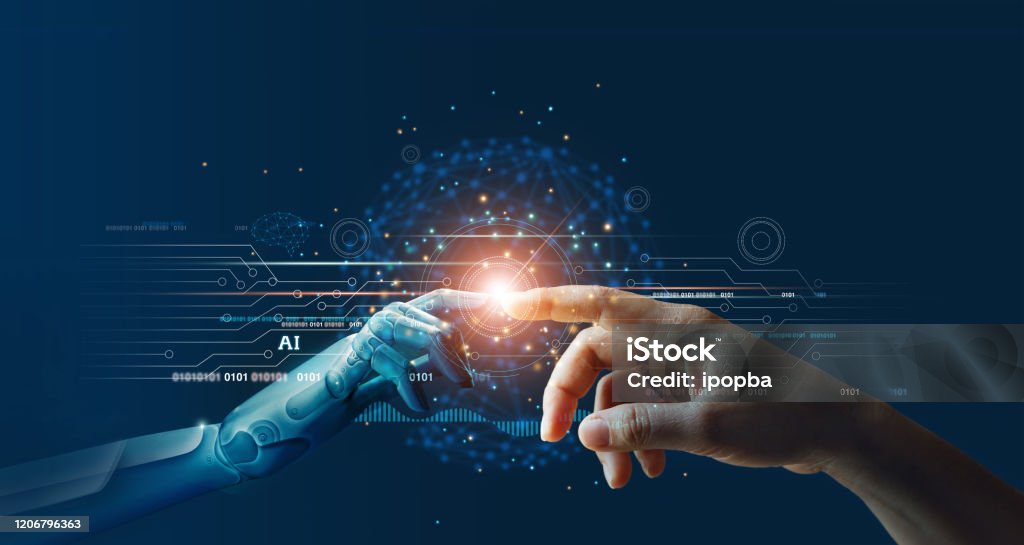 AI, Machine learning, Hands of robot and human touching on big data network connection background, Science and artificial intelligence technology, innovation and futuristic. Technology Stock Photo