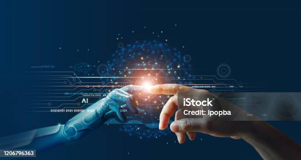 Ai Machine Learning Hands Of Robot And Human Touching On Big Data Network Connection Background Science And Artificial Intelligence Technology Innovation And Futuristic Stock Photo - Download Image Now