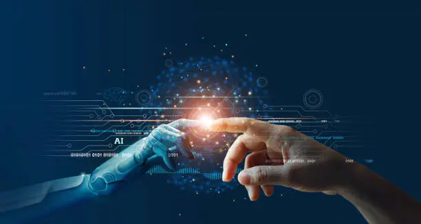 AI, Machine learning, Hands of robot and human touching on big data network connection background, Science and artificial intelligence technology, innovation and futuristic.