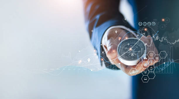 Businessman holding a navigation compass in hand and define marketing direction and analysis growth sale data with search customer global network, Abstract business. Businessman holding a navigation compass in hand and define marketing direction and analysis growth sale data with search customer global network, Abstract business. pilot photos stock pictures, royalty-free photos & images