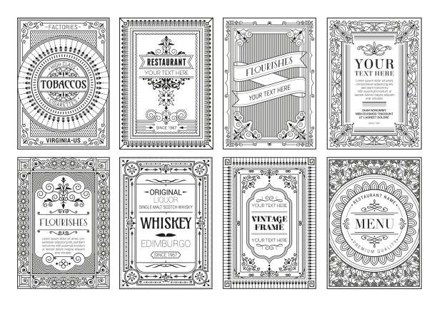 vintage-set retro-karten. vorlage grußkarte hochzeitseinladung. linie kalligraphische rahmen stock-illustration - viktorianischer stil stock-grafiken, -clipart, -cartoons und -symbole