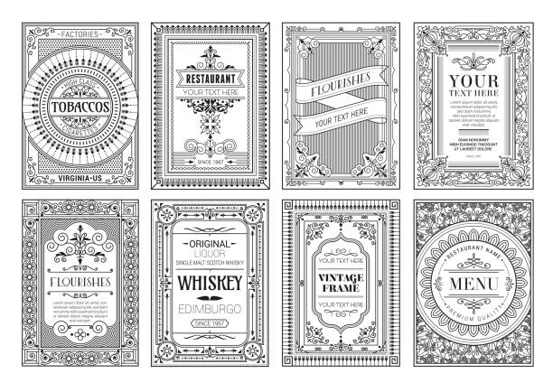 빈티지 세트 복고풍 카드입니다. 템플릿 인사말 카드 결혼식 초대장입니다. 라인 서예 프레임 스톡 일러스트 - 빅토리아 스타일 stock illustrations