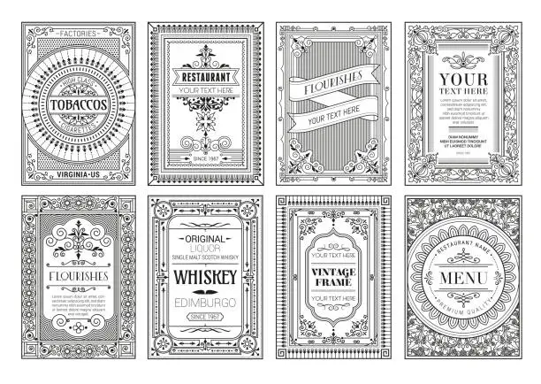 Vector illustration of Vintage set retro cards. Template greeting card wedding invitation. Line calligraphic frames stock illustration